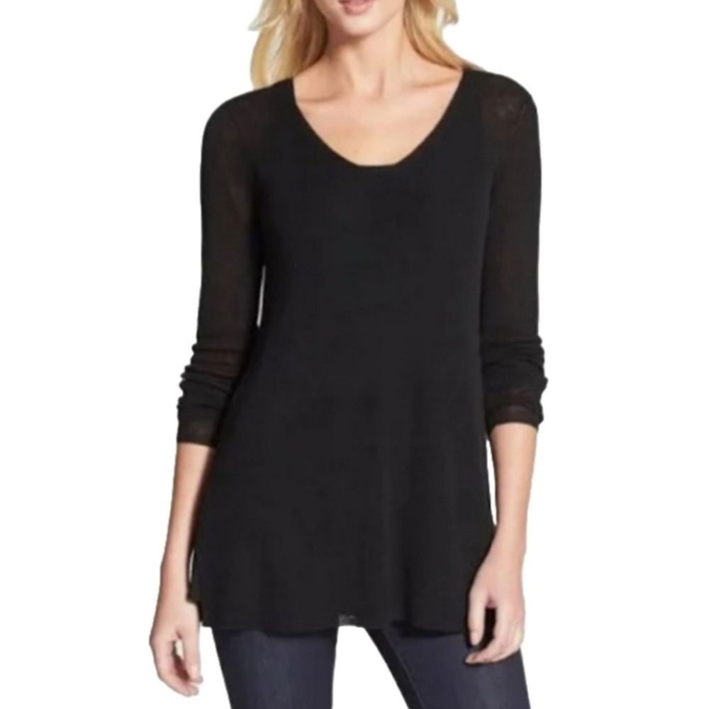 Eileen Fisher Linen Blend Semi Sheer Tunic Long Sleeve Slouchy Sweater S Black
